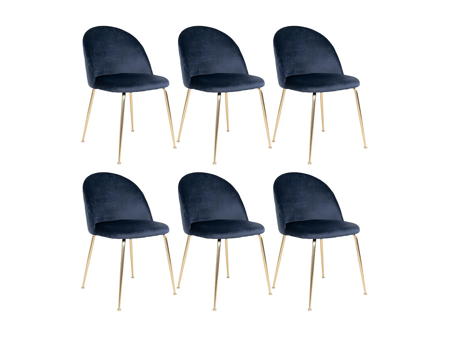 MEYRIN - Lot de 6 Chaises Velours Bleu et Pieds Métal Doré