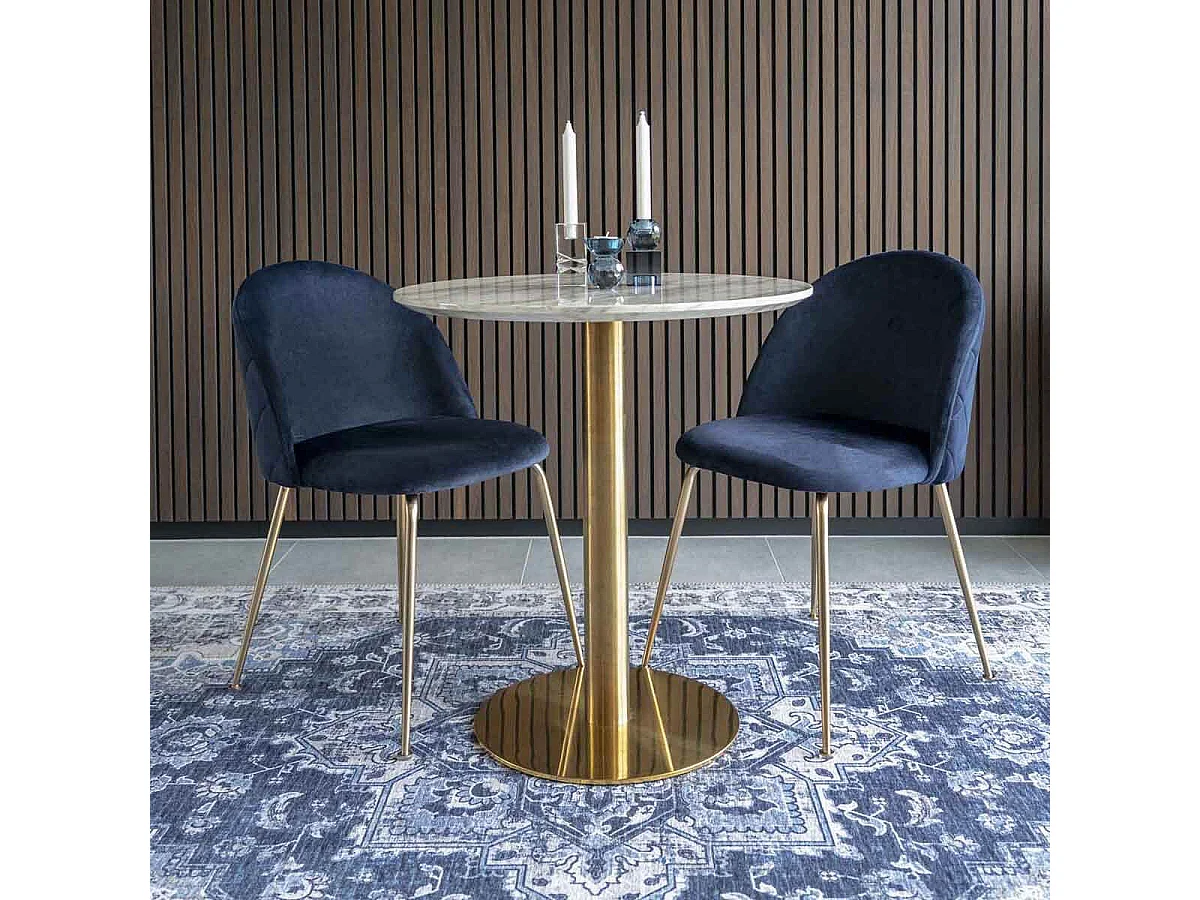 MEYRIN - Lot de 6 Chaises Velours Bleu et Pieds Métal Doré