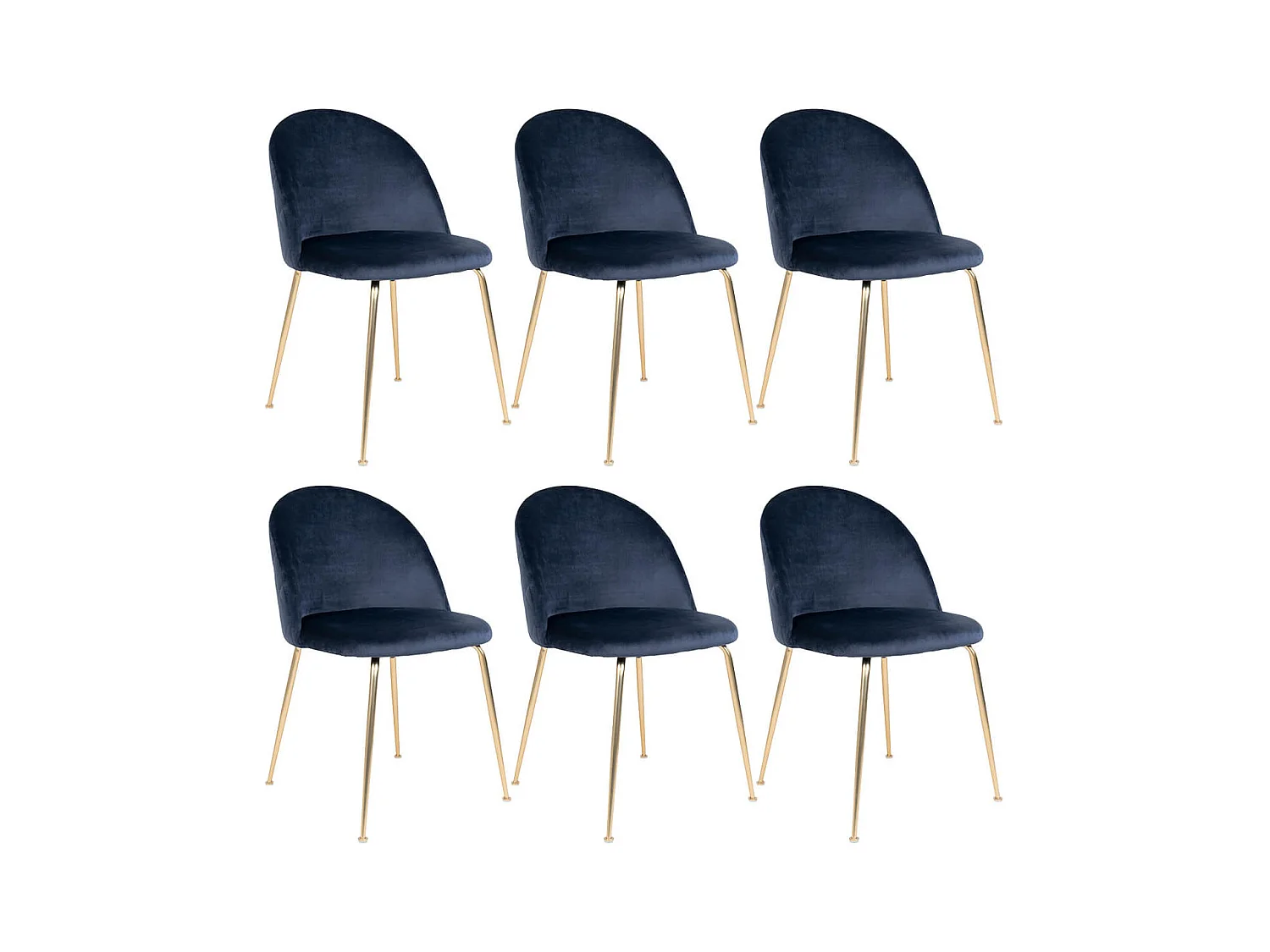 MEYRIN - Lot de 6 Chaises Velours Bleu et Pieds Métal Doré