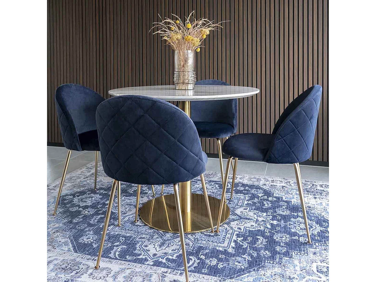 MEYRIN - Lot de 6 Chaises Velours Bleu et Pieds Métal Doré