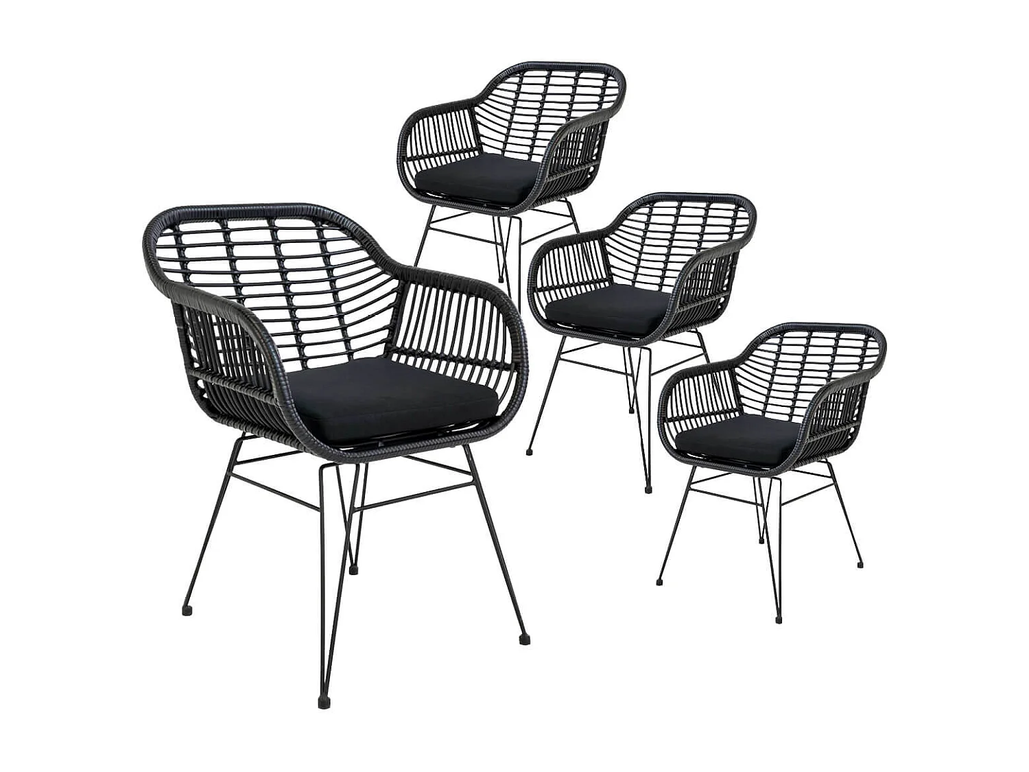 PILA - Lot de 4 Fauteuils Rotin Synthétique Noir et Pieds Acier