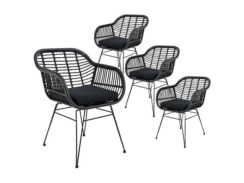 PILA - Lot de 4 Fauteuils Rotin Synthétique Noir et Pieds Acier