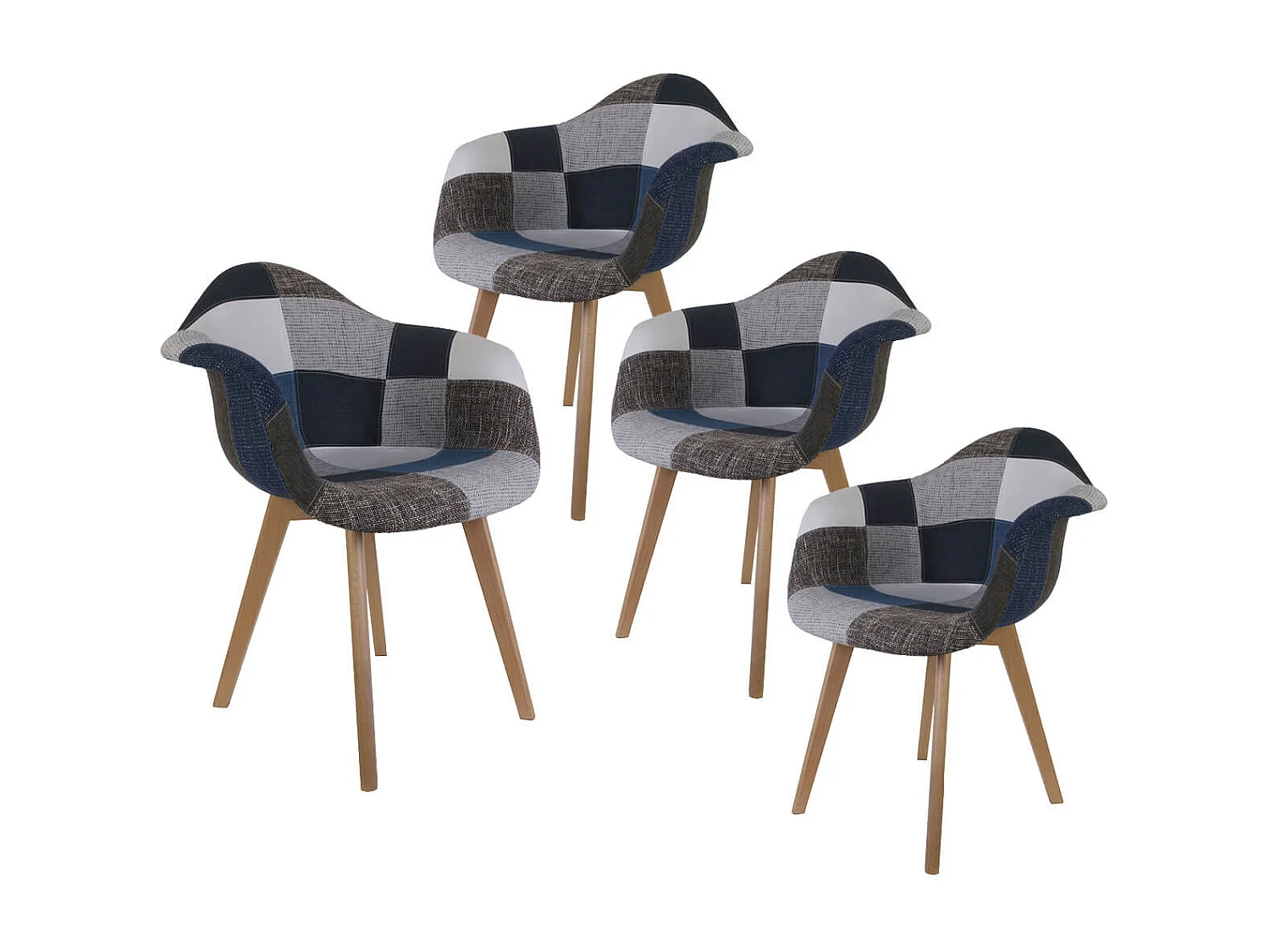 DAMAS - Lot de 4 Fauteuils Patchwork Bleu et Gris