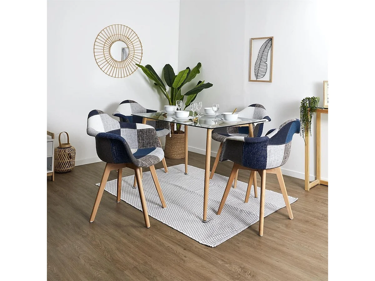 DAMAS - Lot de 4 Fauteuils Patchwork Bleu et Gris