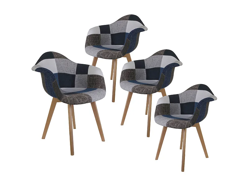 DAMAS - Lot de 4 Fauteuils Patchwork Bleu et Gris