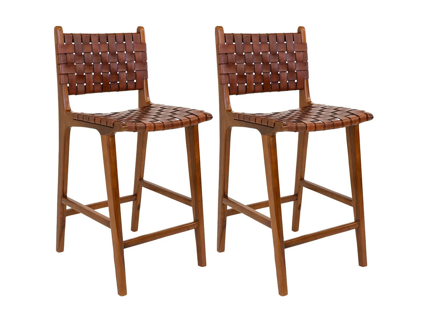 RIMINI - Lot de 2 Chaises Hautes en Teck et Lanières Cuir Marron