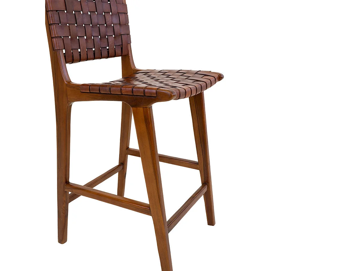 RIMINI - Lot de 2 Chaises Hautes en Teck et Lanières Cuir Marron