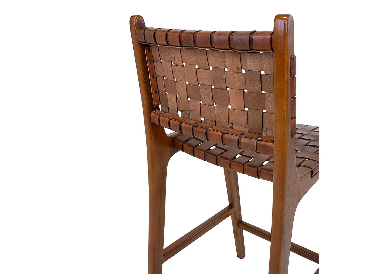 RIMINI - Lot de 2 Chaises Hautes en Teck et Lanières Cuir Marron