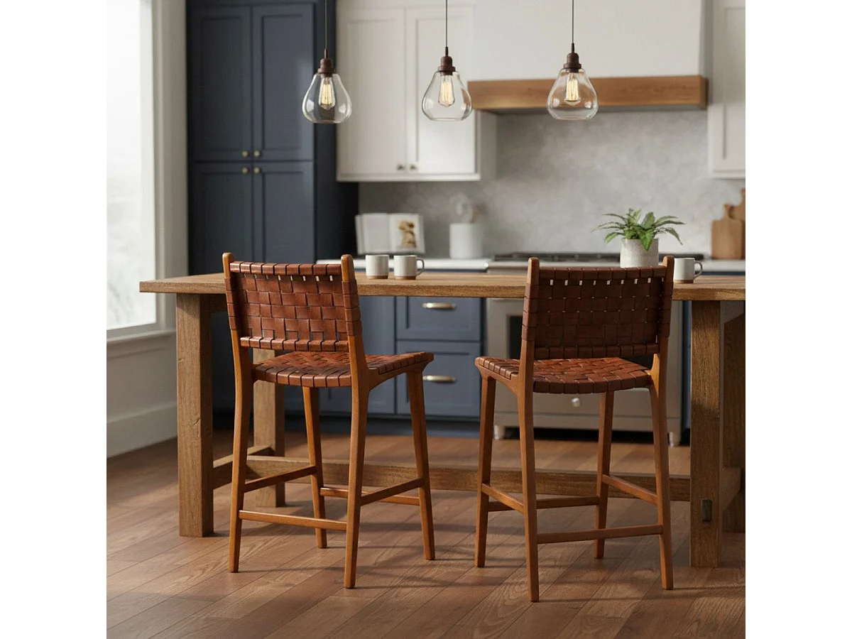 RIMINI - Lot de 2 Chaises Hautes en Teck et Lanières Cuir Marron