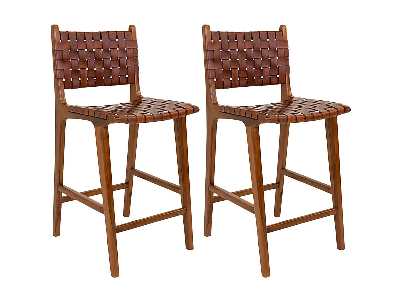 RIMINI - Lot de 2 Chaises Hautes en Teck et Lanières Cuir Marron