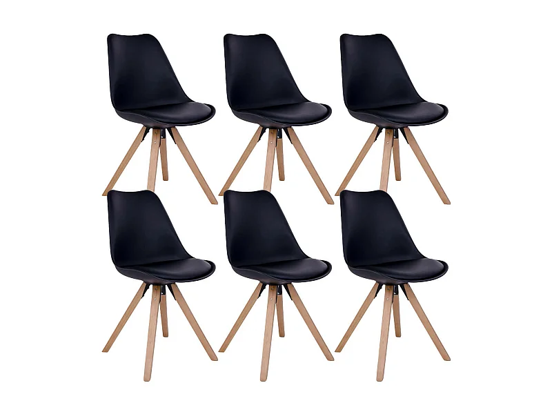 NIBBEN - Lot de 6 Chaises Noires et Piétement Hévéa