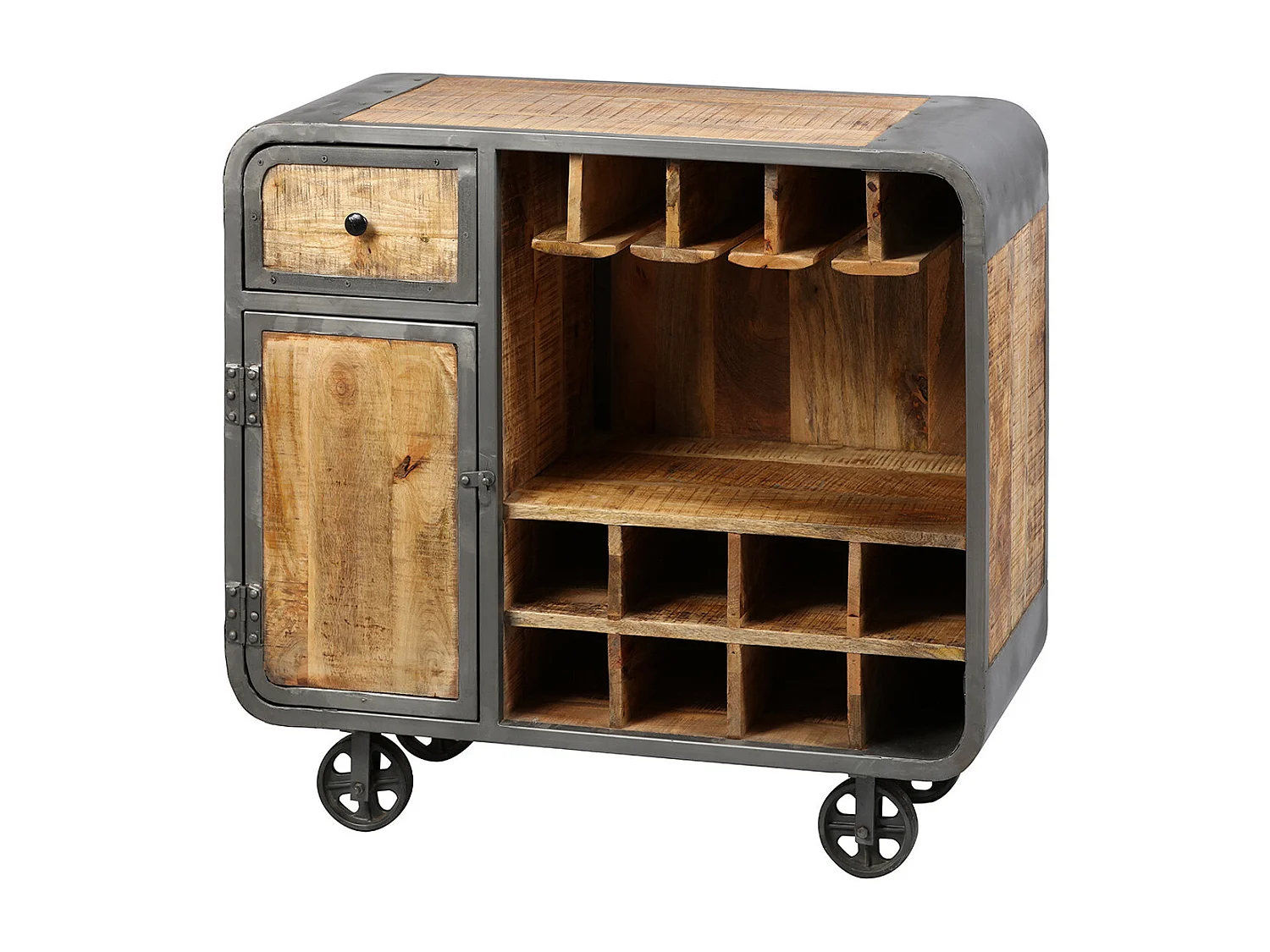 EDWIN - Meuble Bar Multi-Rangements Acier et Bois Massif