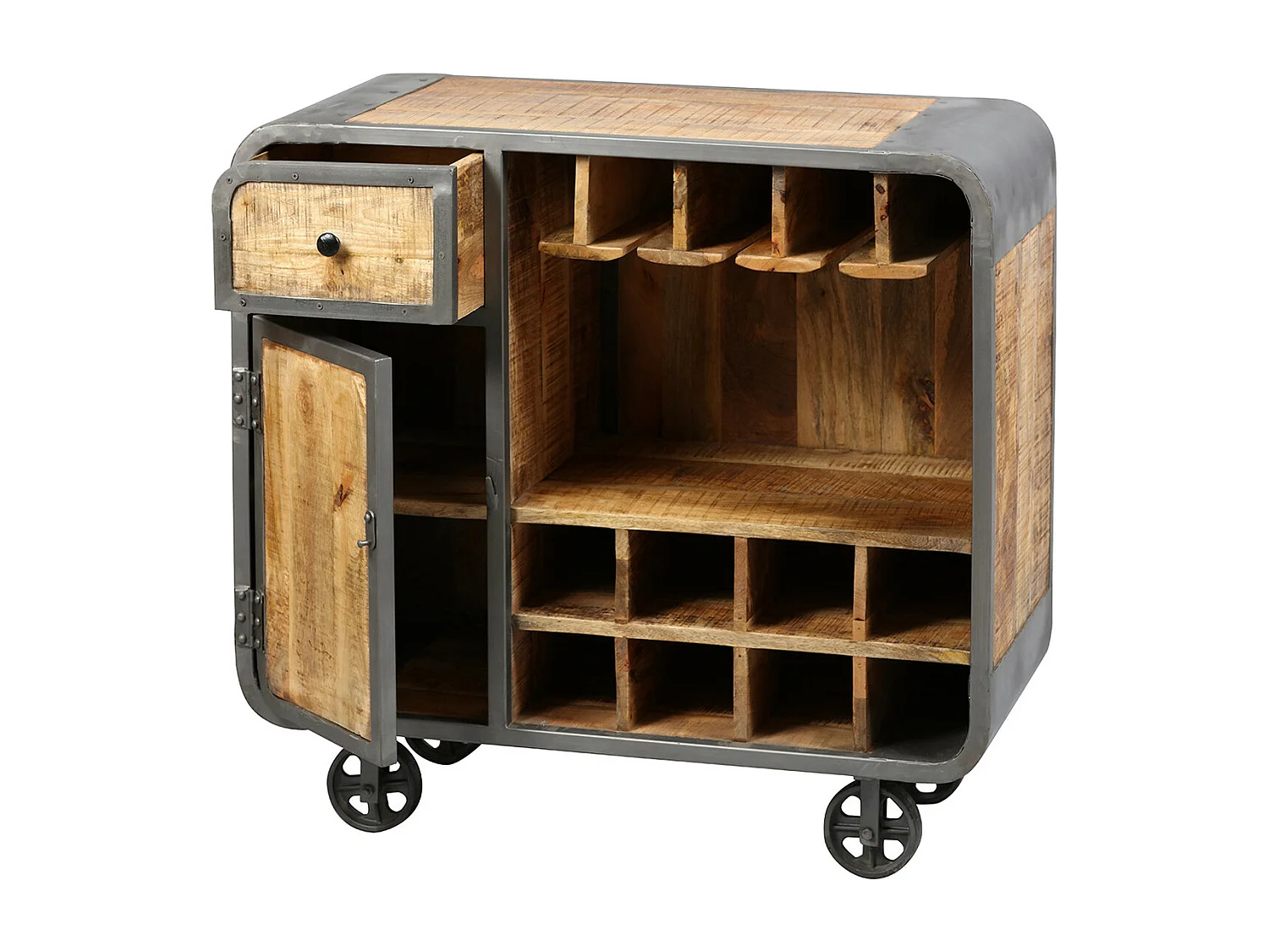 EDWIN - Meuble Bar Multi-Rangements Acier et Bois Massif