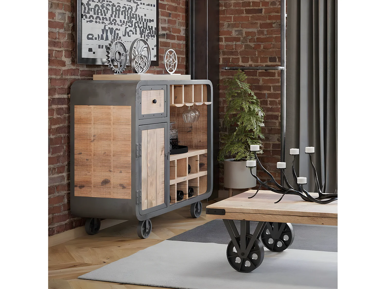 EDWIN - Meuble Bar Multi-Rangements Acier et Bois Massif