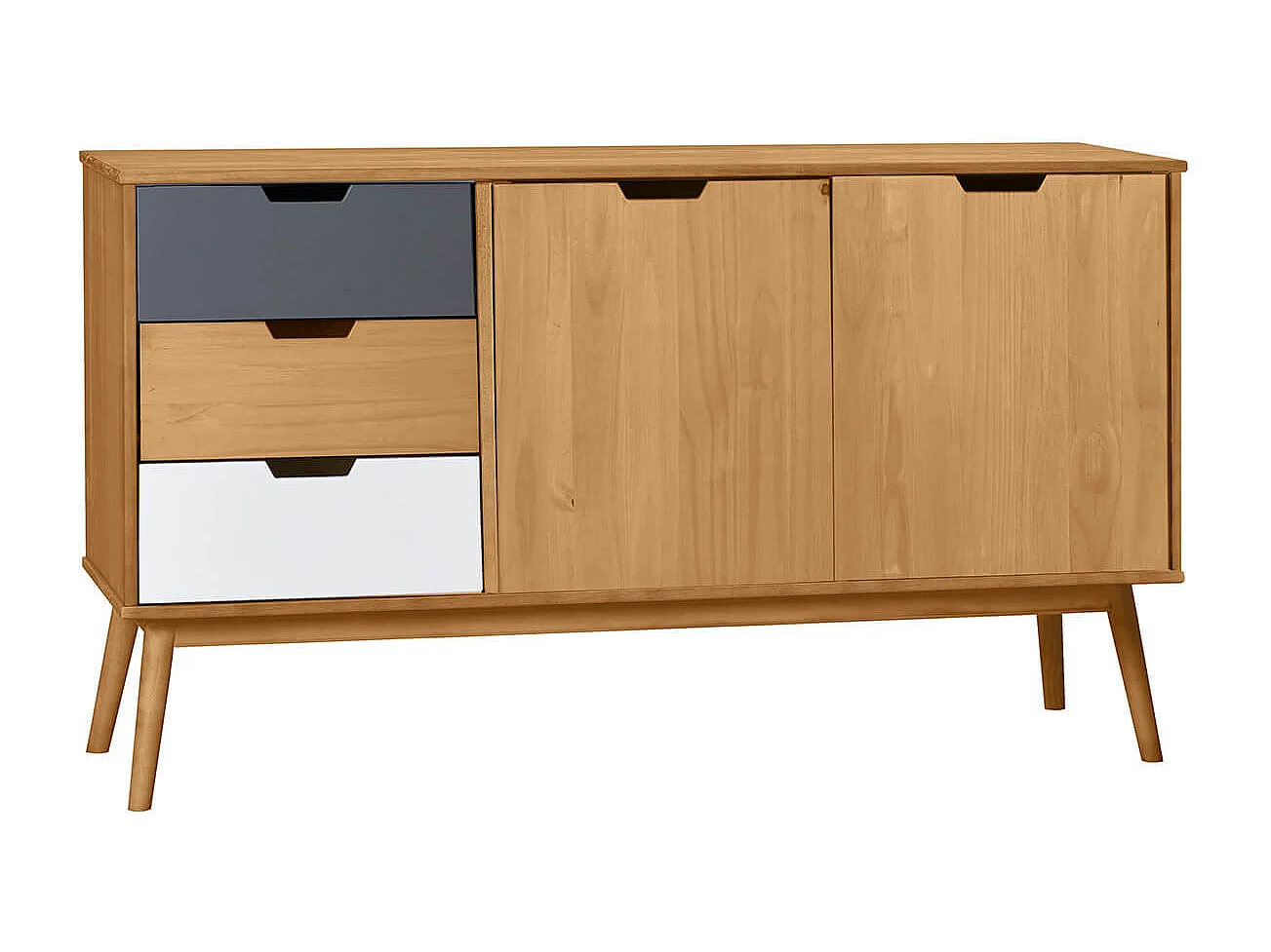 MARAS - Buffet 2 Portes 3 Tiroirs Bois Massif, Blanc et Gris