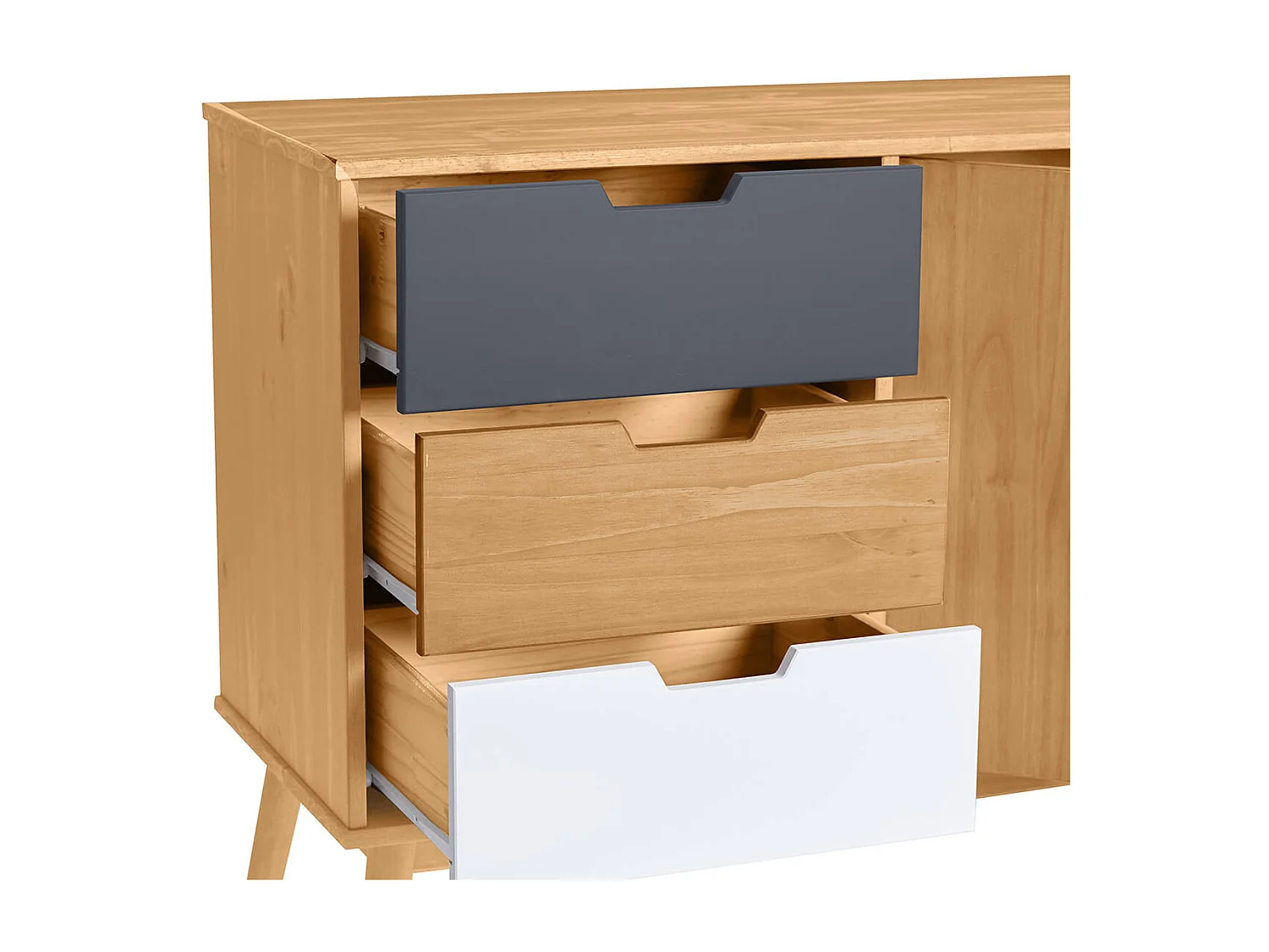 MARAS - Buffet 2 Portes 3 Tiroirs Bois Massif, Blanc et Gris