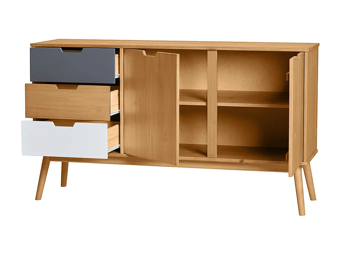 MARAS - Buffet 2 Portes 3 Tiroirs Bois Massif, Blanc et Gris