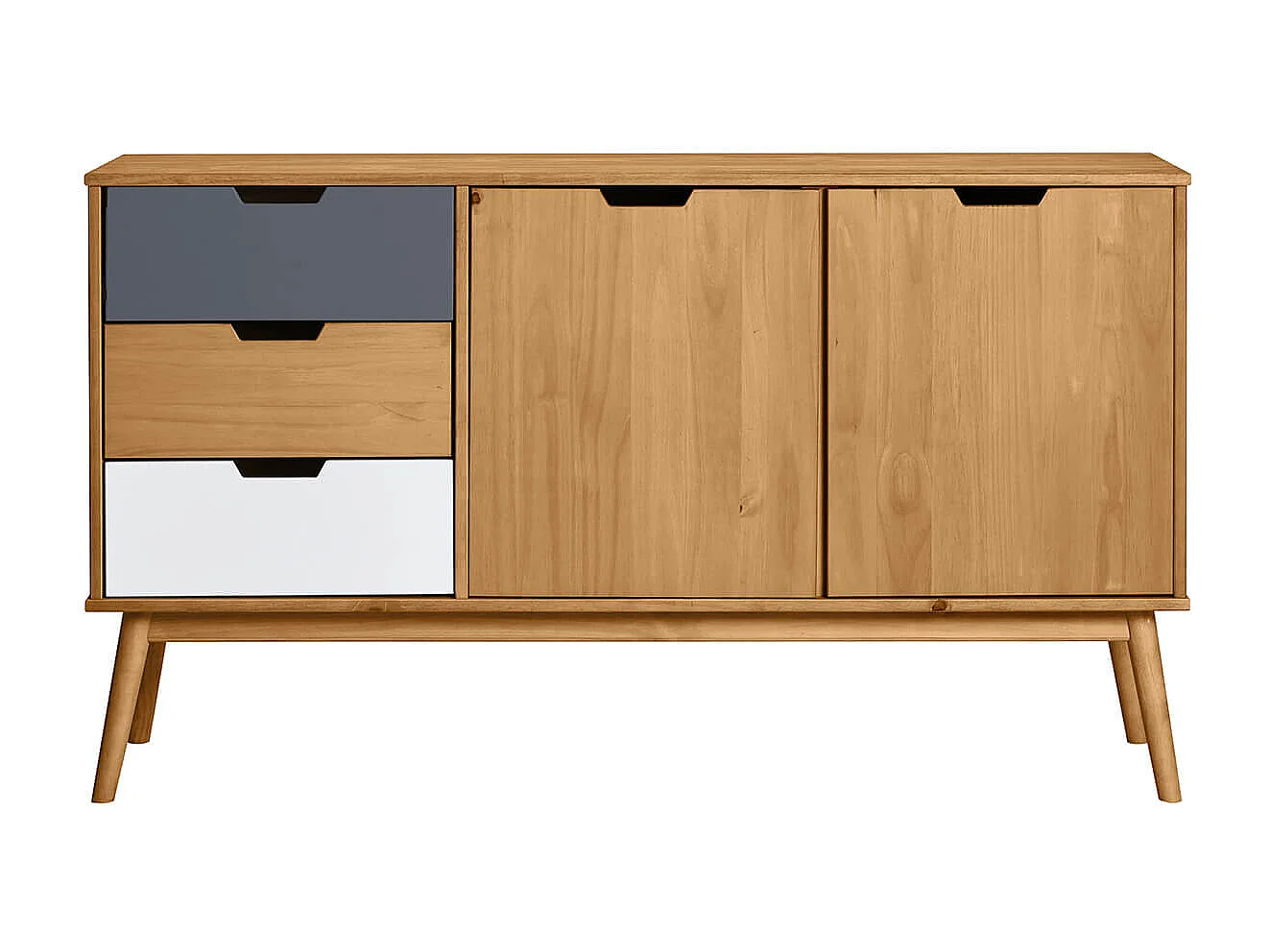 MARAS - Buffet 2 Portes 3 Tiroirs Bois Massif, Blanc et Gris