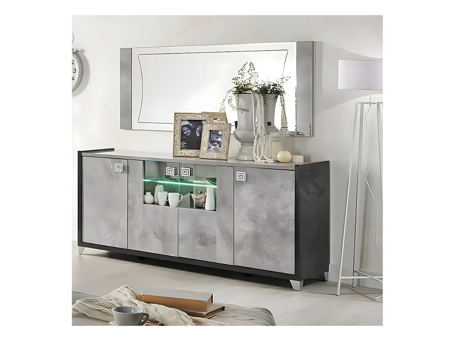 HOFFMAN - Buffet 4 Portes Gris Aspect Pierre avec Led