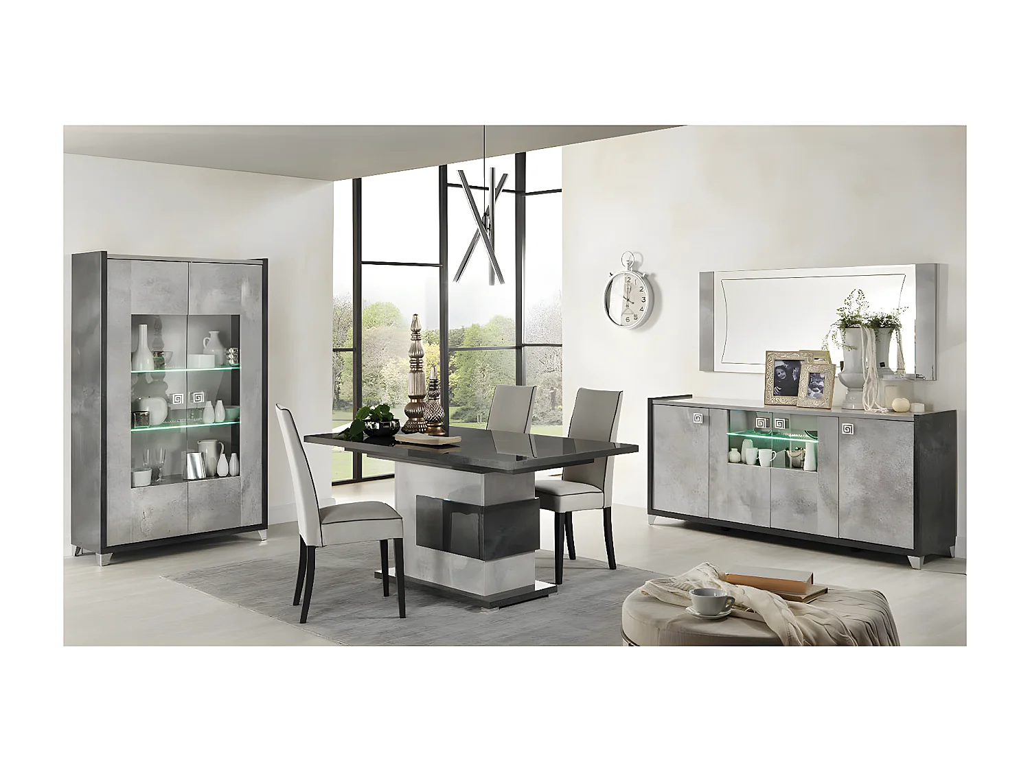 HOFFMAN - Buffet 4 Portes Gris Aspect Pierre avec Led