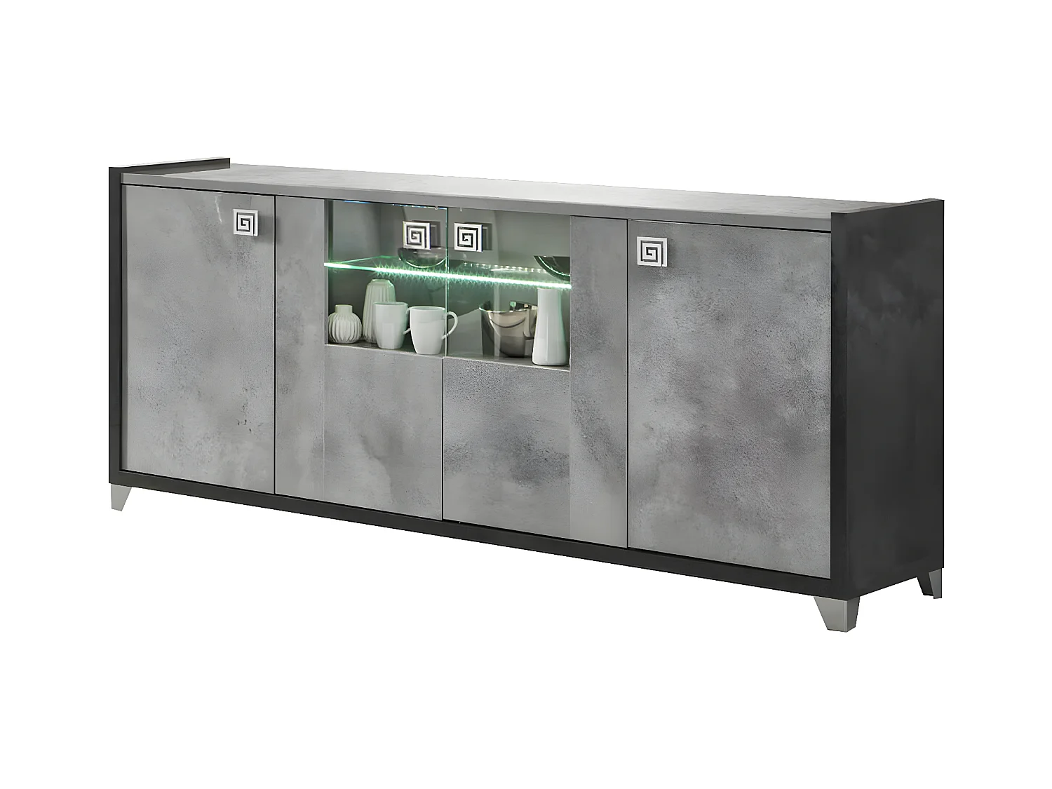 HOFFMAN - Buffet 4 Portes Gris Aspect Pierre avec Led