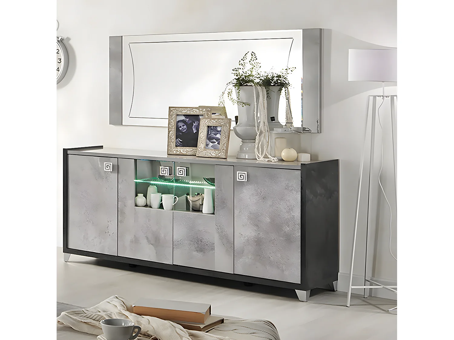 HOFFMAN - Buffet 4 Portes Gris Aspect Pierre avec Led