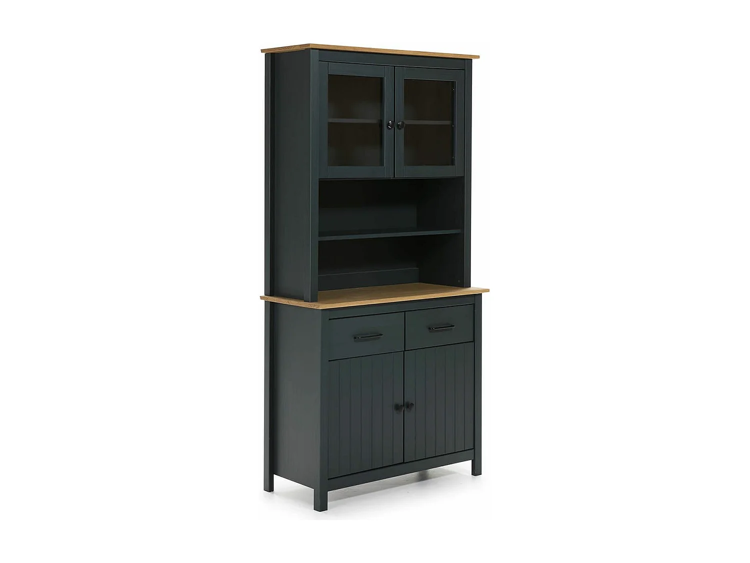 TINA - Buffet Haut 4 Portes 2 Tiroirs Bois Ciré et Bleu Pétrole