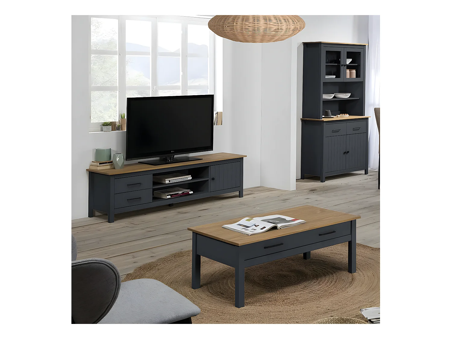 TINA - Buffet Haut 4 Portes 2 Tiroirs Bois Ciré et Bleu Pétrole