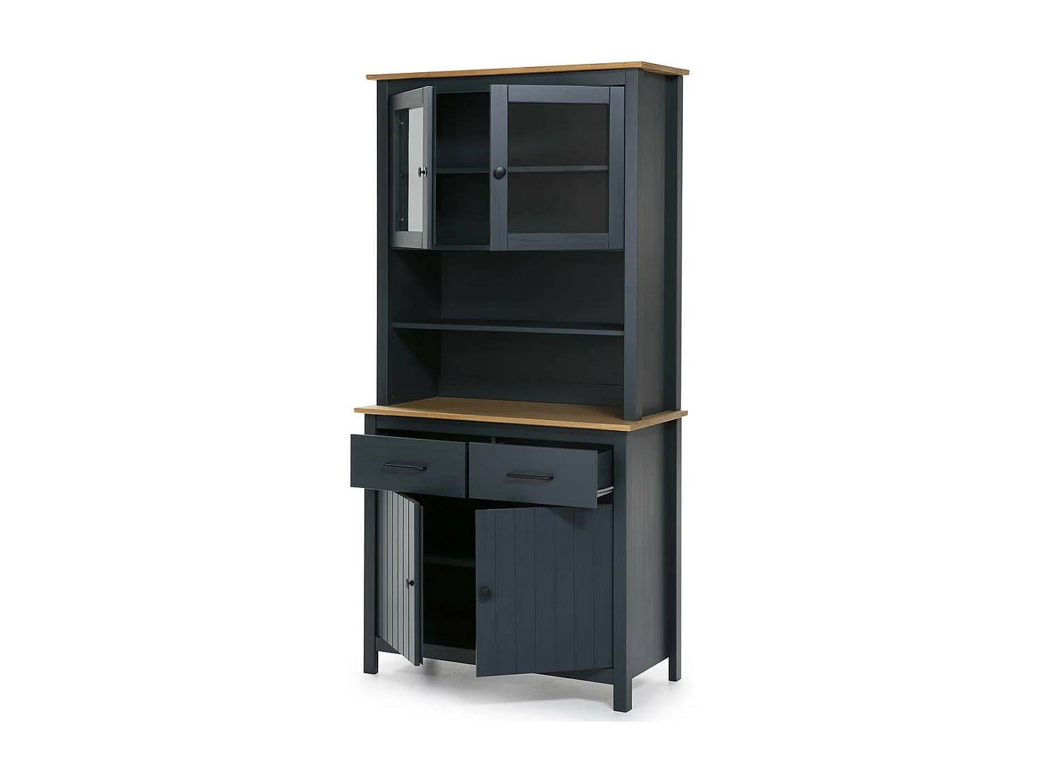 TINA - Buffet Haut 4 Portes 2 Tiroirs Bois Ciré et Bleu Pétrole