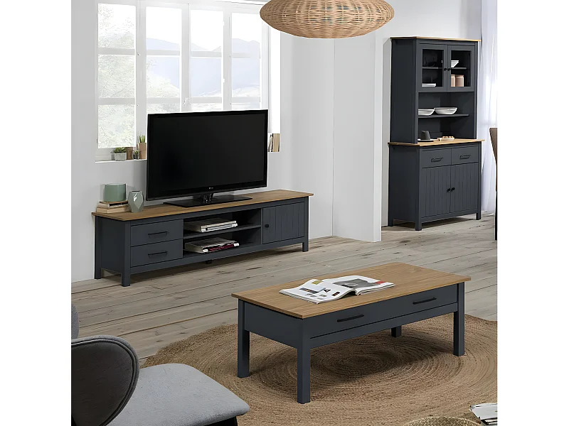 TINA - Buffet Haut 4 Portes 2 Tiroirs Bois Ciré et Bleu Pétrole