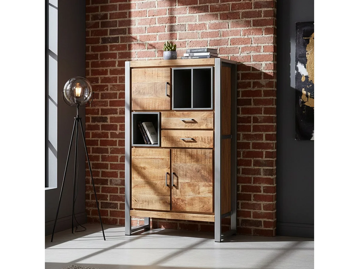 PALISSA - Buffet 3 Portes 2 Tiroirs Bois et Acier Patiné