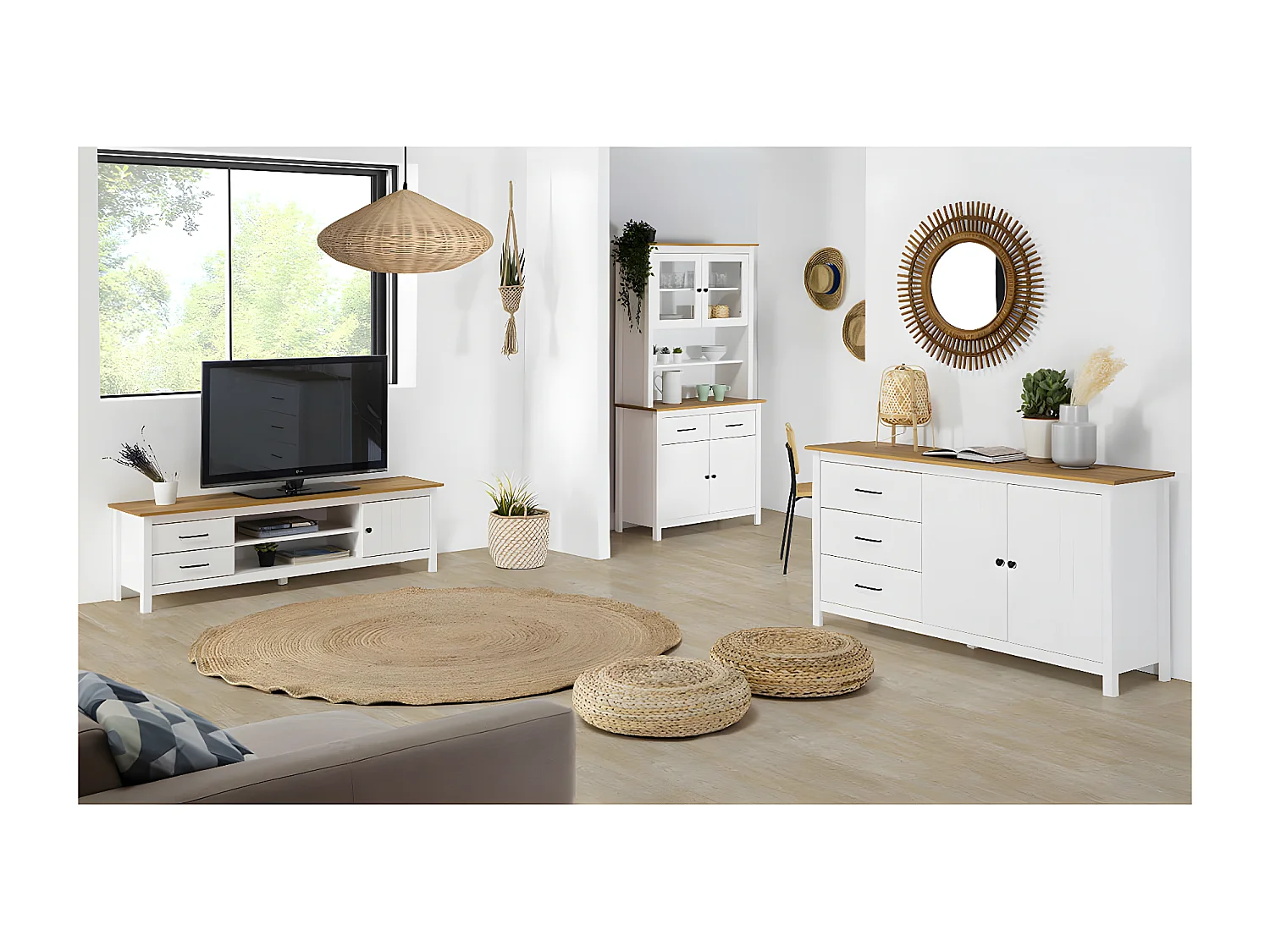 TINA - Buffet Haut 4 Portes 2 Tiroirs Bois Ciré et Blanc