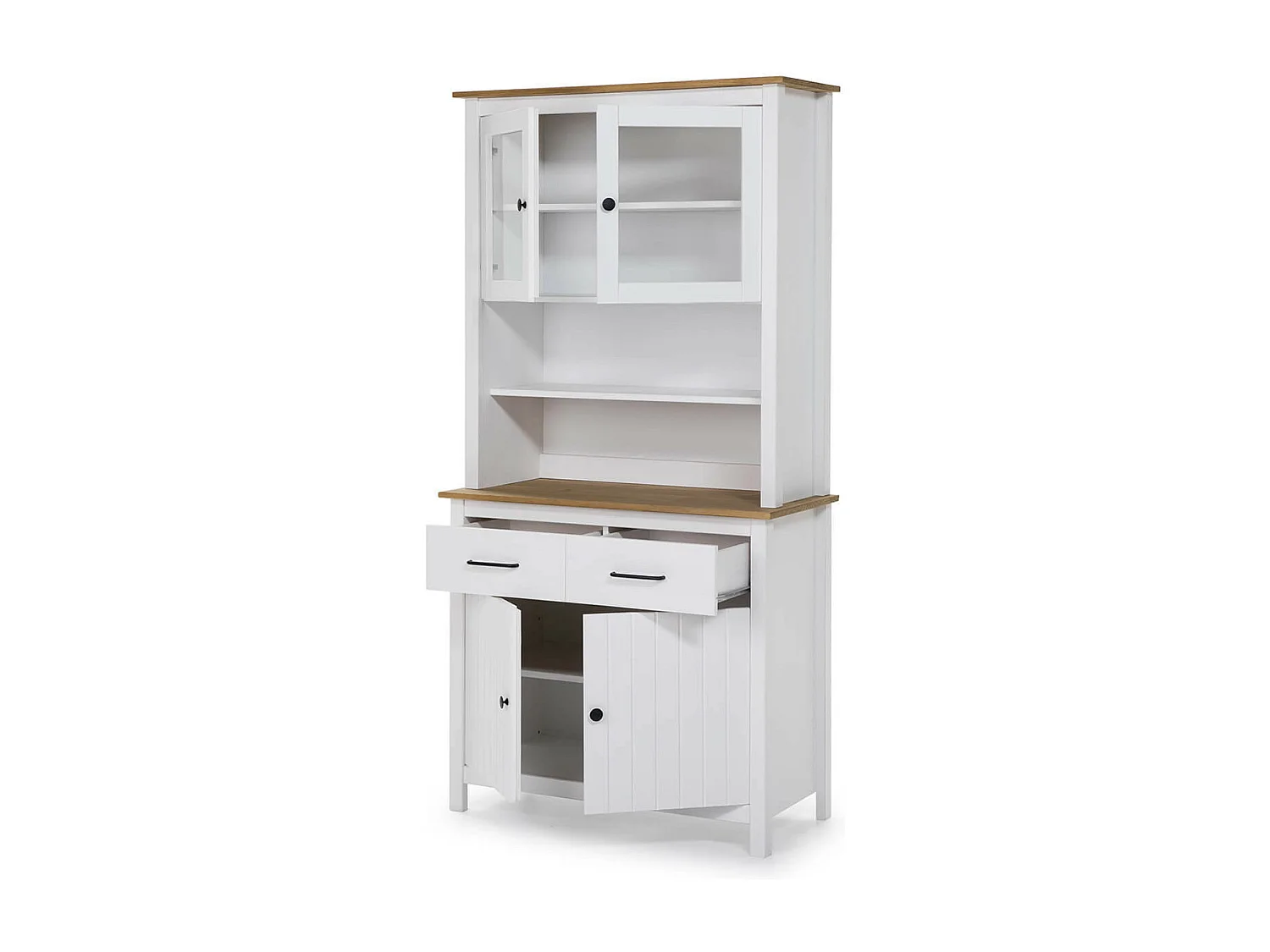 TINA - Buffet Haut 4 Portes 2 Tiroirs Bois Ciré et Blanc
