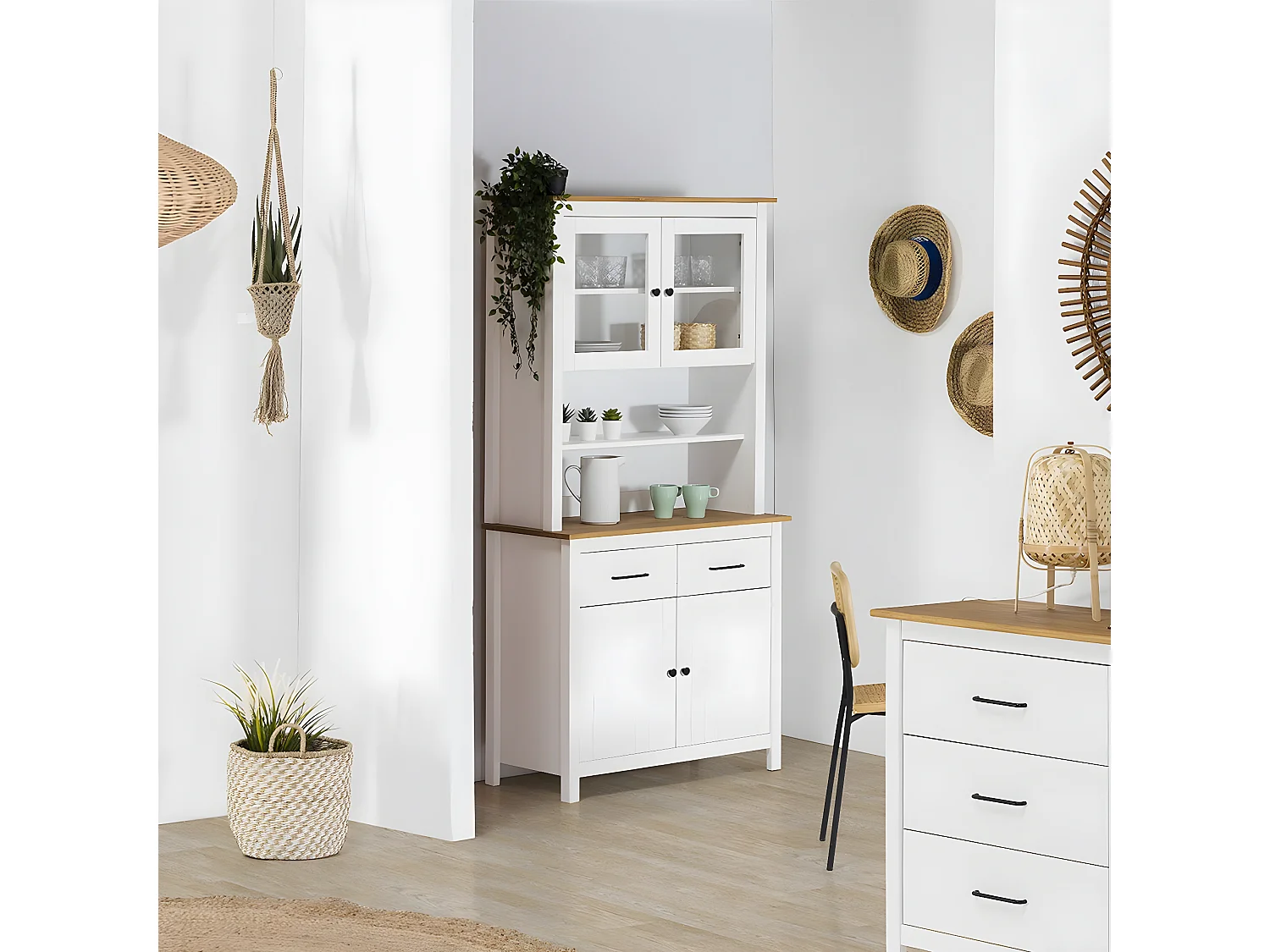 TINA - Buffet Haut 4 Portes 2 Tiroirs Bois Ciré et Blanc