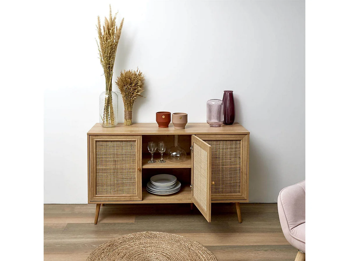 MAYA - Buffet 3 Portes Effet Bois et Façades Rotin