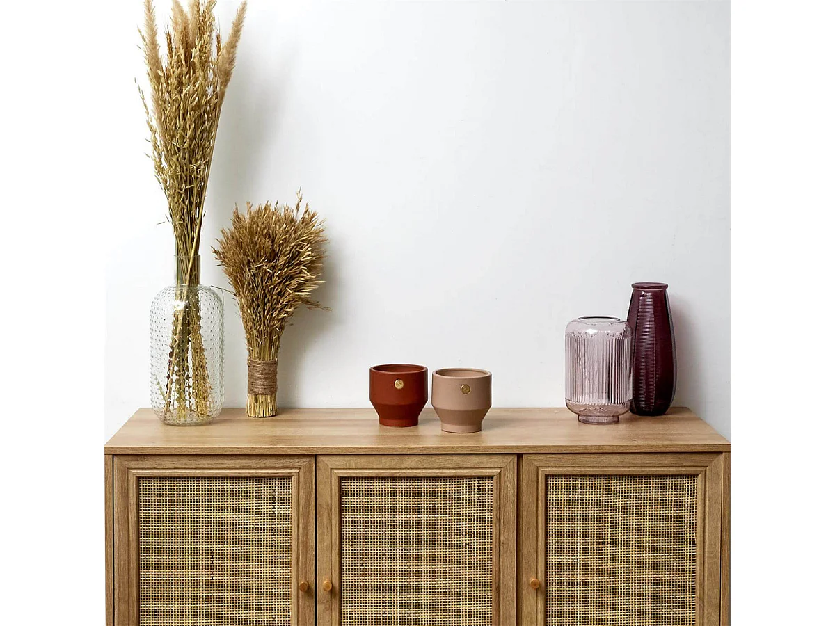 MAYA - Buffet 3 Portes Effet Bois et Façades Rotin