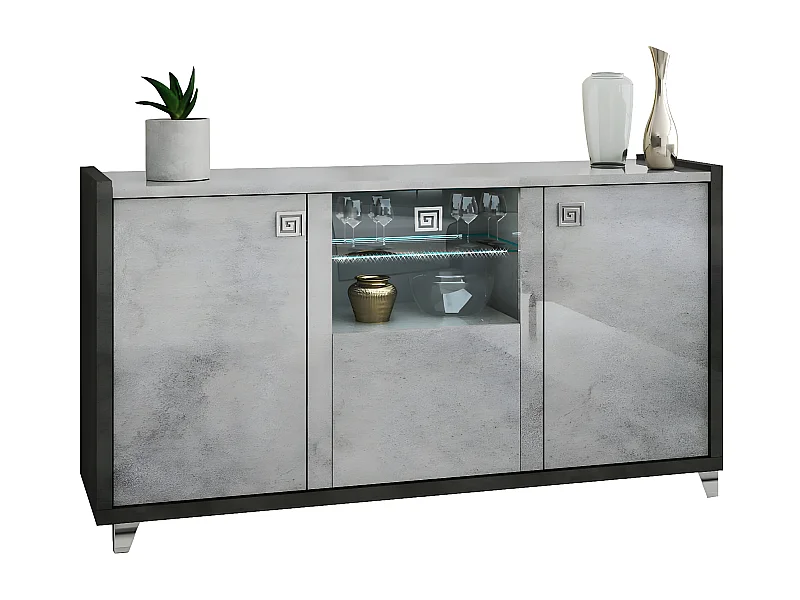 HOFFMAN - Buffet 3 Portes Gris Aspect Pierre avec Led