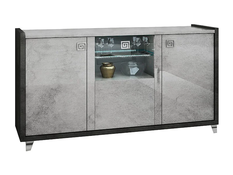 HOFFMAN - Buffet 3 Portes Gris Aspect Pierre avec Led
