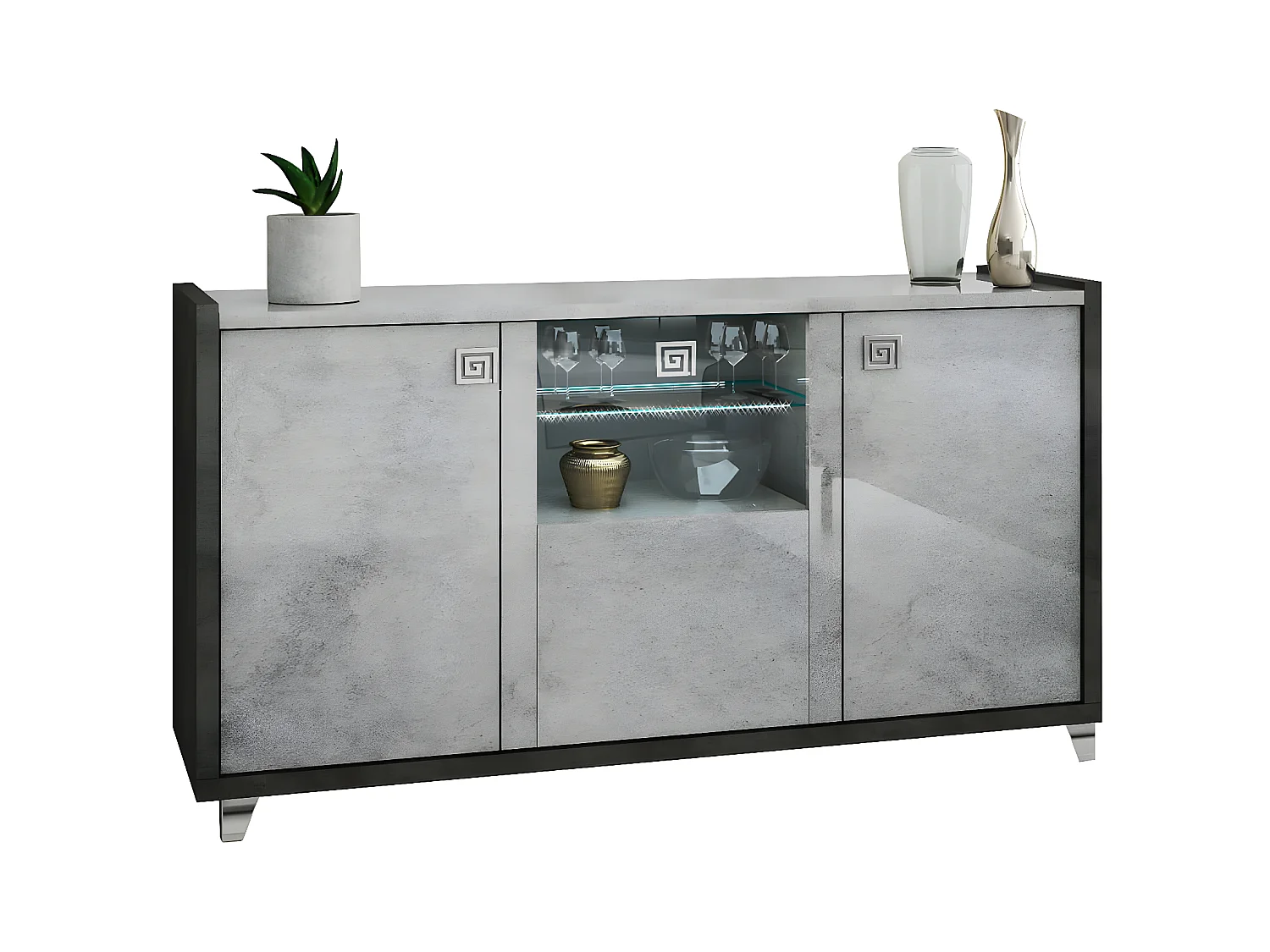 HOFFMAN - Buffet 3 Portes Gris Aspect Pierre avec Led