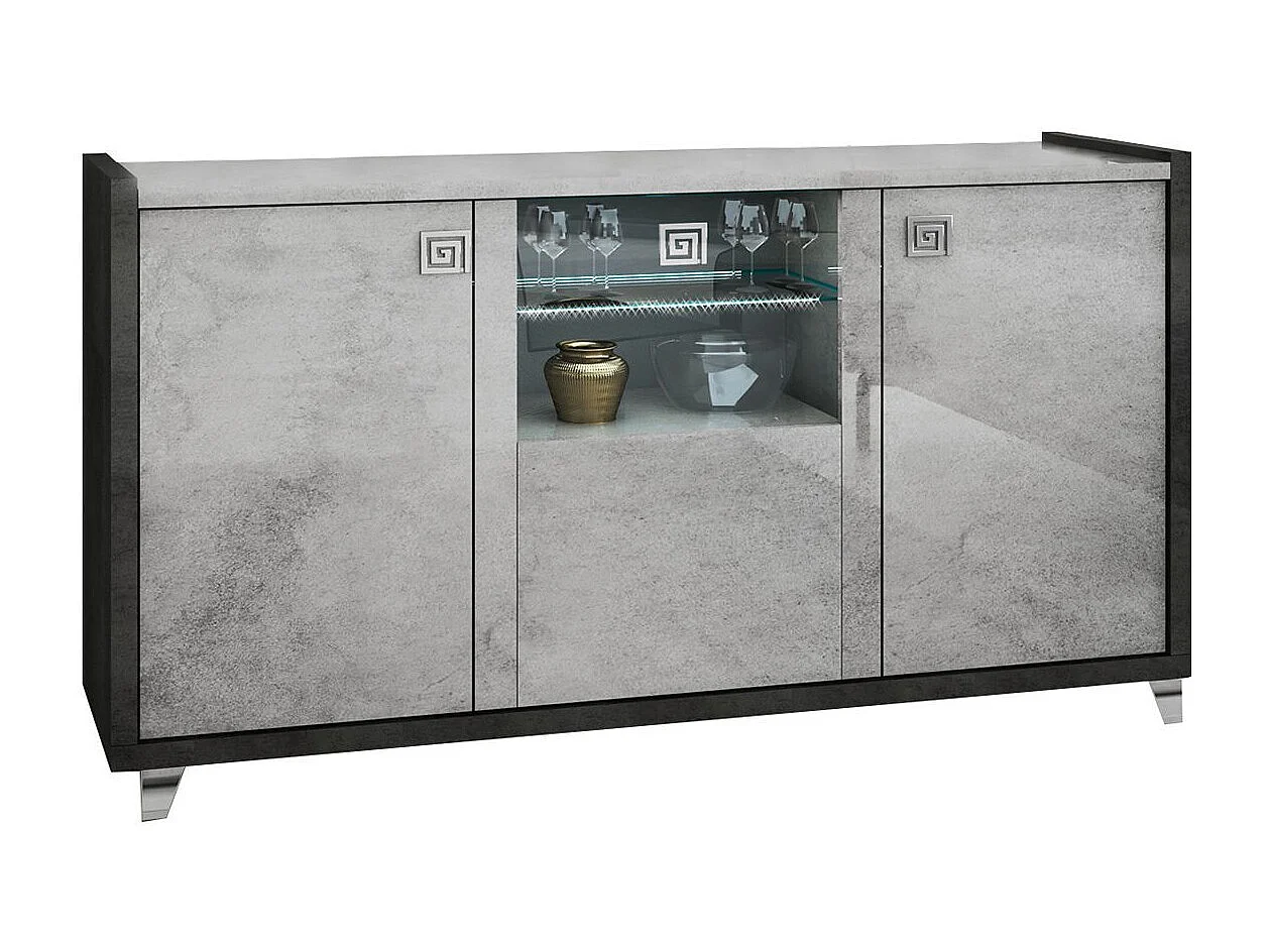 HOFFMAN - Buffet 3 Portes Gris Aspect Pierre avec Led