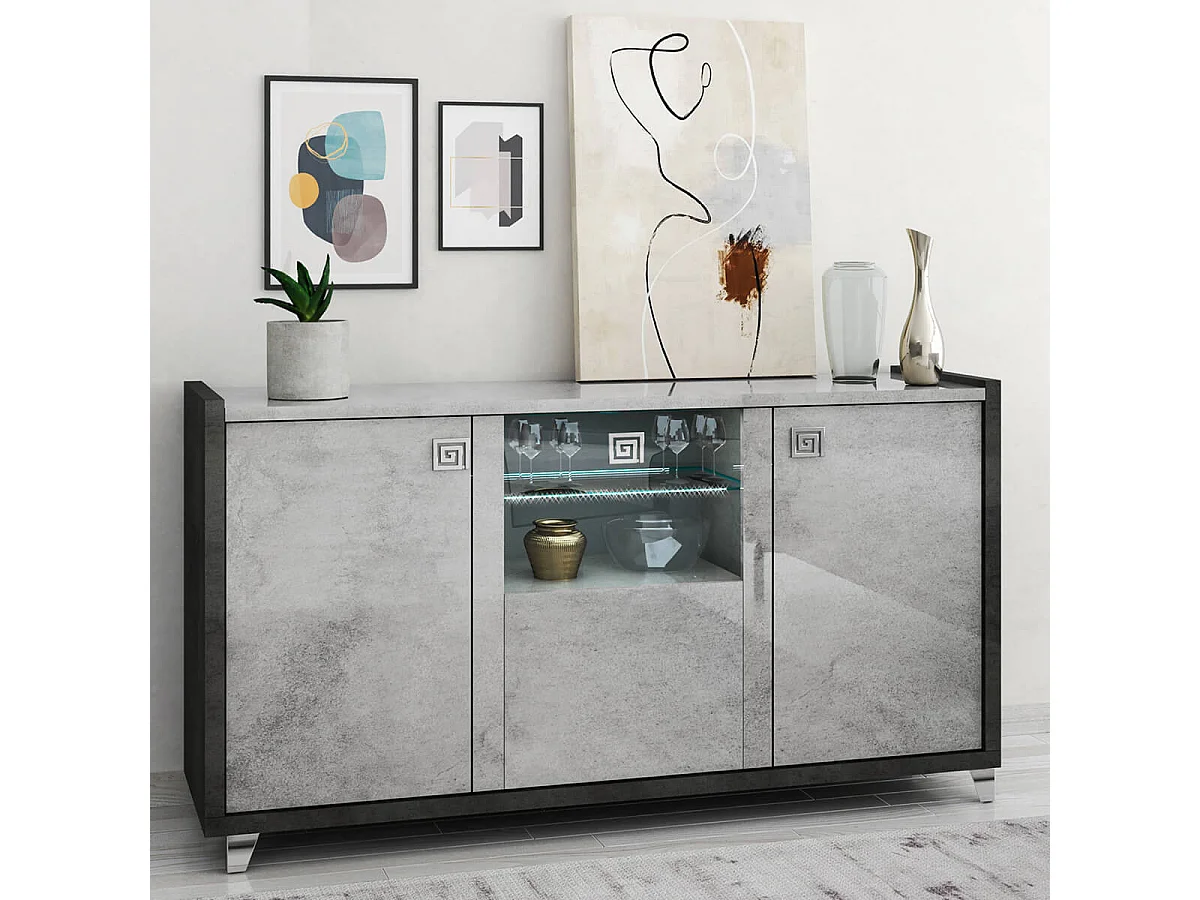 HOFFMAN - Buffet 3 Portes Gris Aspect Pierre avec Led