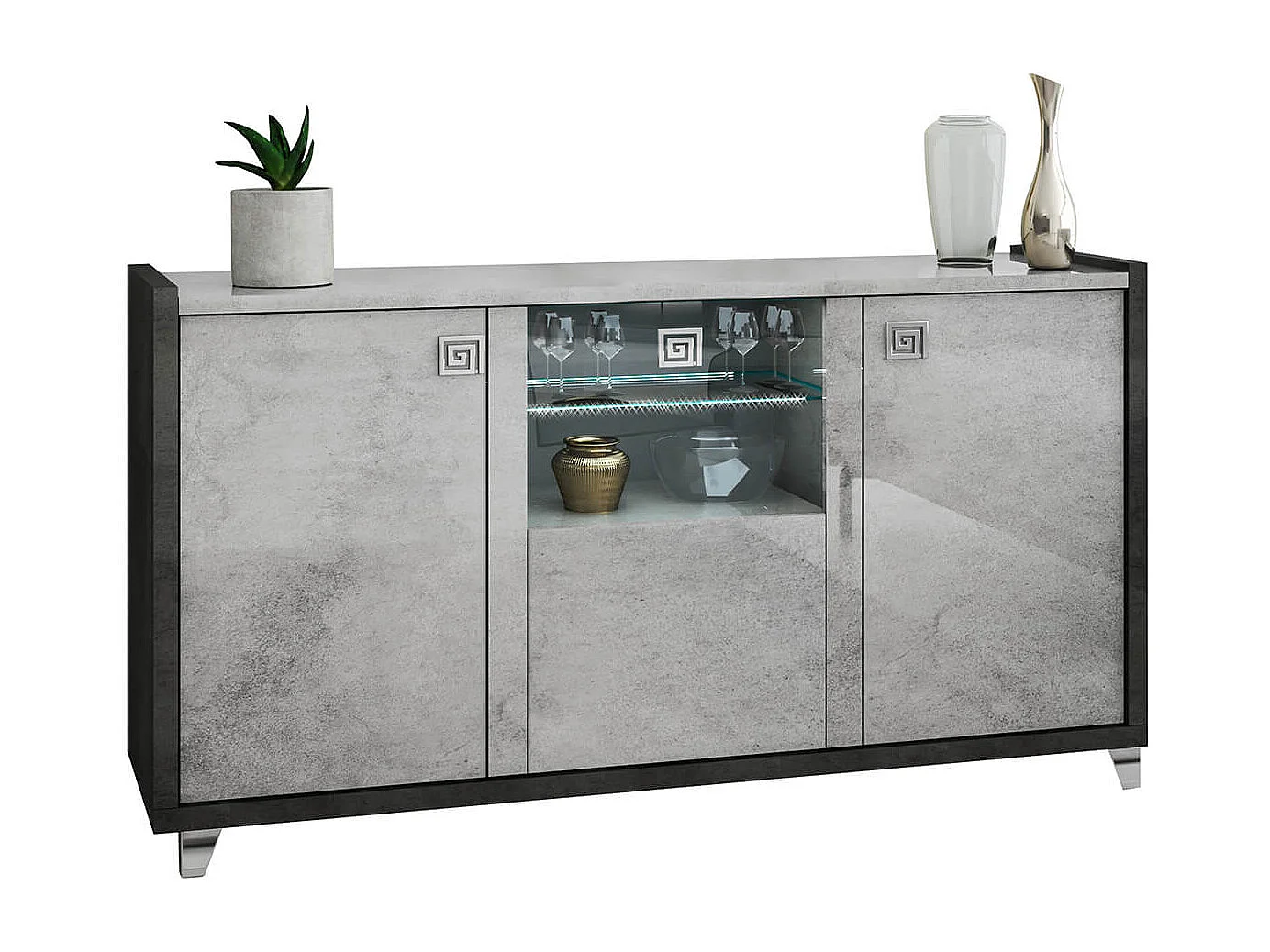 HOFFMAN - Buffet 3 Portes Gris Aspect Pierre avec Led