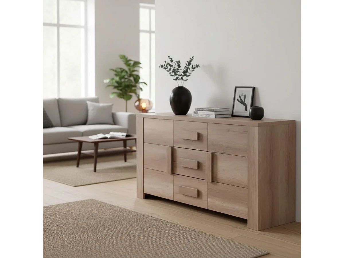 DOLMEN - Buffet 2 Portes 3 Tiroirs Façades Effet Bois