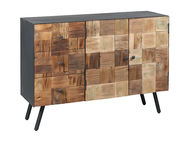 FULBERT - Buffet 2 Portes 3 Tiroirs Acier et Bois Massif