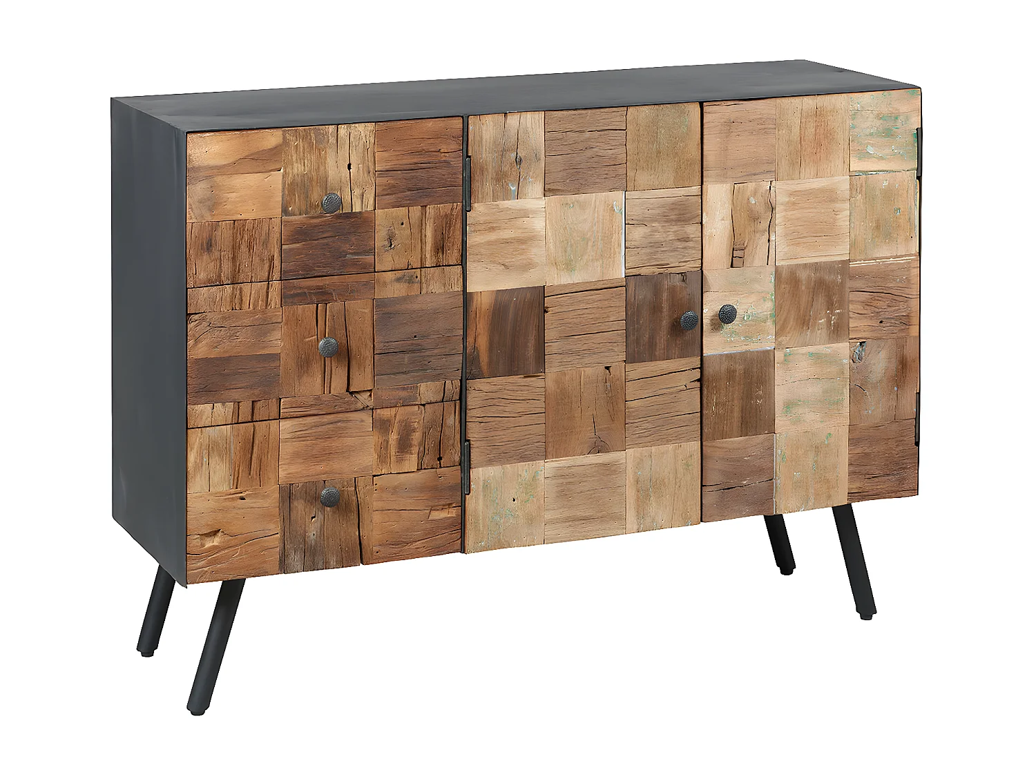 FULBERT - Buffet 2 Portes 3 Tiroirs Acier et Bois Massif