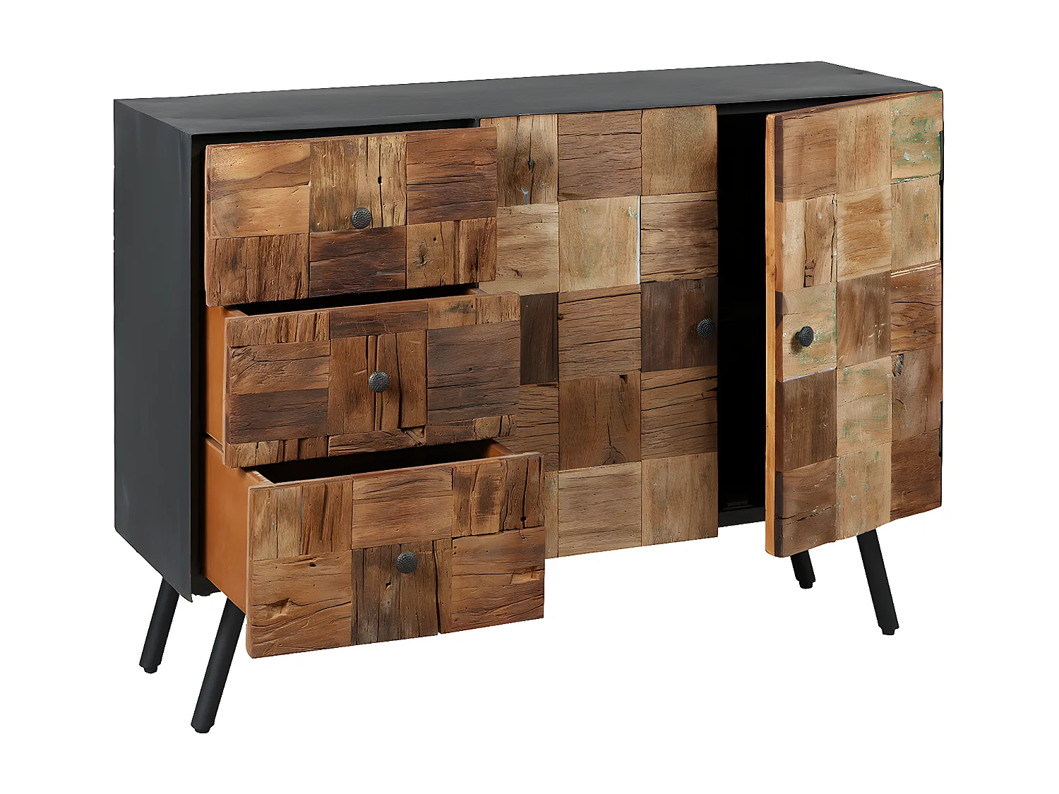 FULBERT - Buffet 2 Portes 3 Tiroirs Acier et Bois Massif