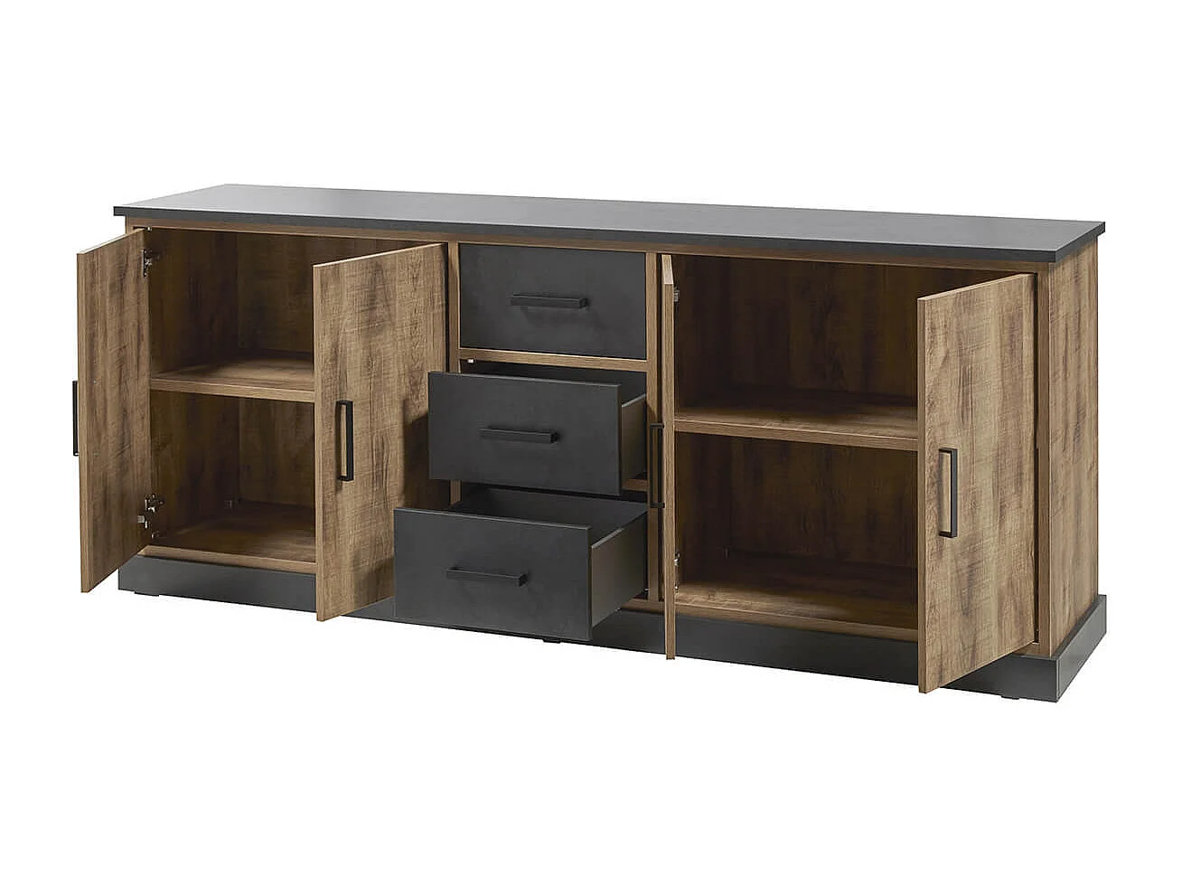 JENNA - Buffet 4 Portes 3 Tiroirs Aspect Bois et Métal Noir