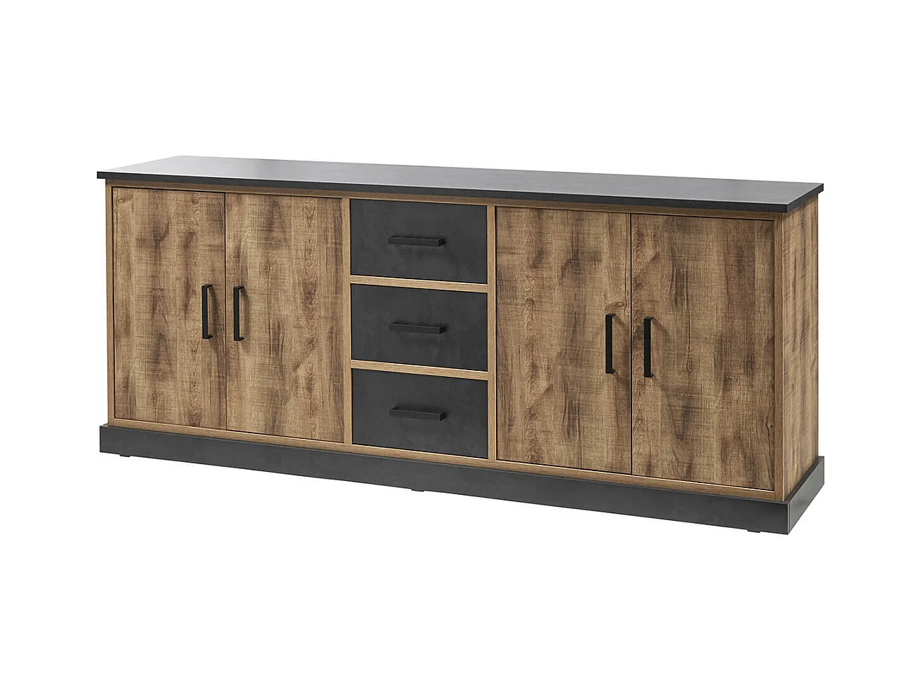 JENNA - Buffet 4 Portes 3 Tiroirs Aspect Bois et Métal Noir