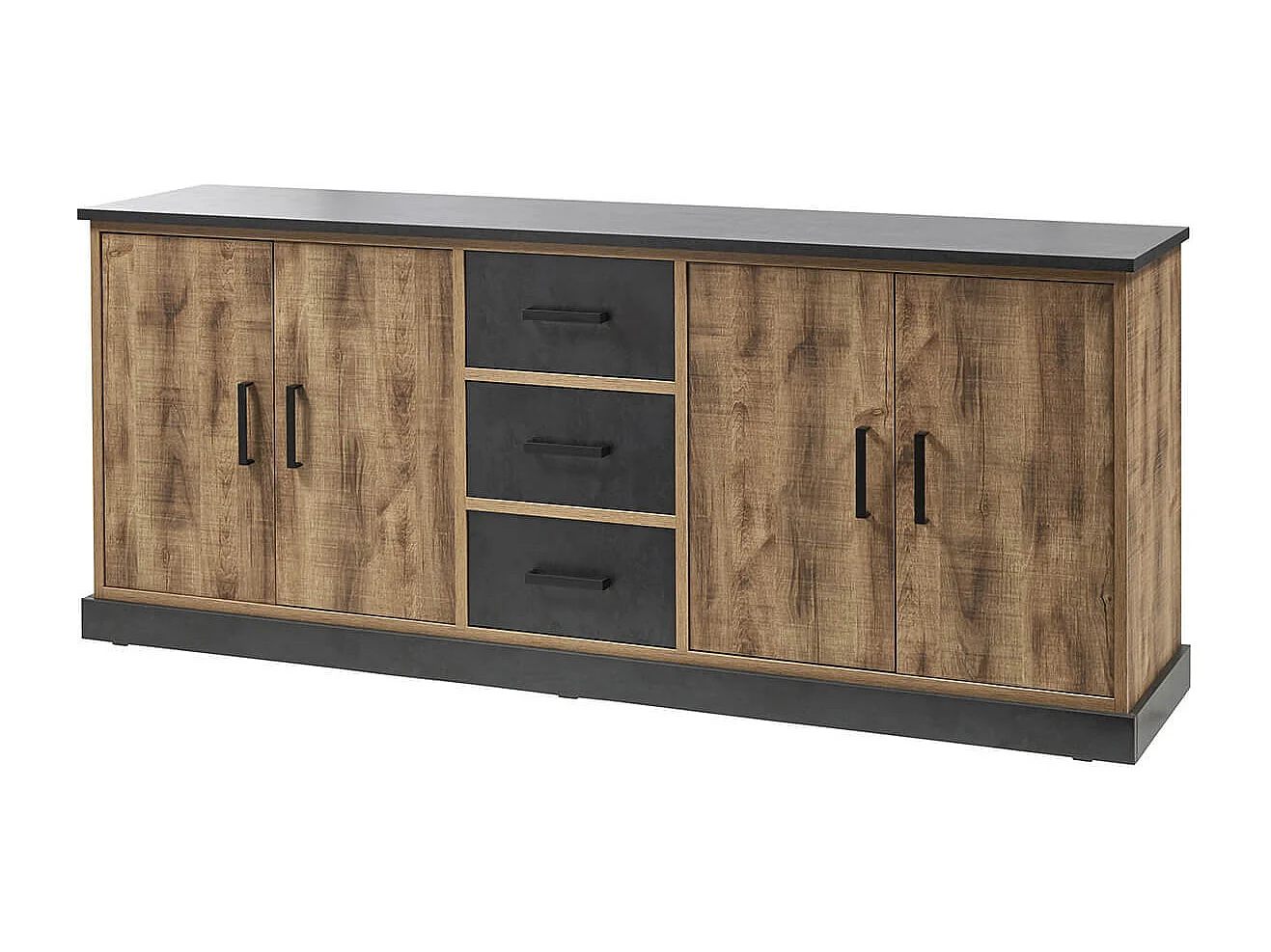 JENNA - Buffet 4 Portes 3 Tiroirs Aspect Bois et Métal Noir