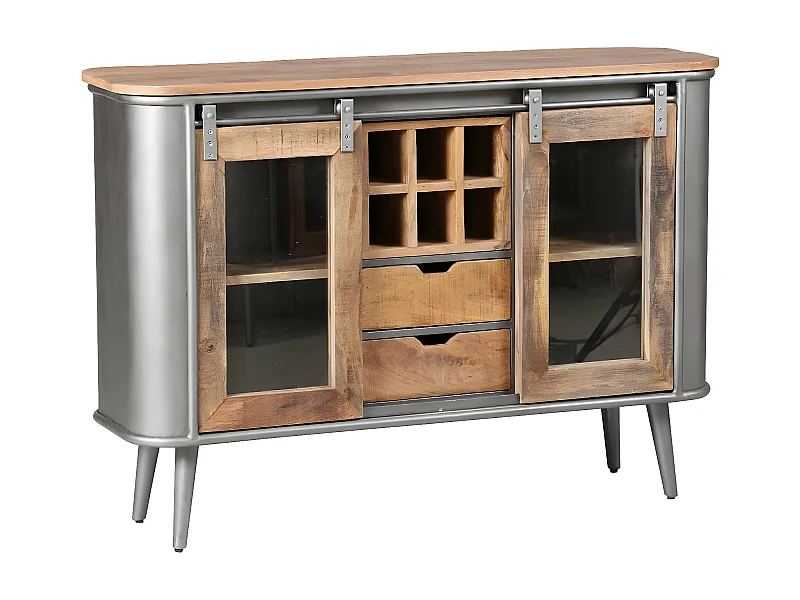 PALISSO - Buffet 2 Portes 2 Tiroirs Bois et Acier Patiné